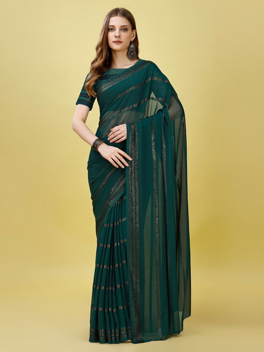 

STH Striped Embellished Tissue Saree, Green