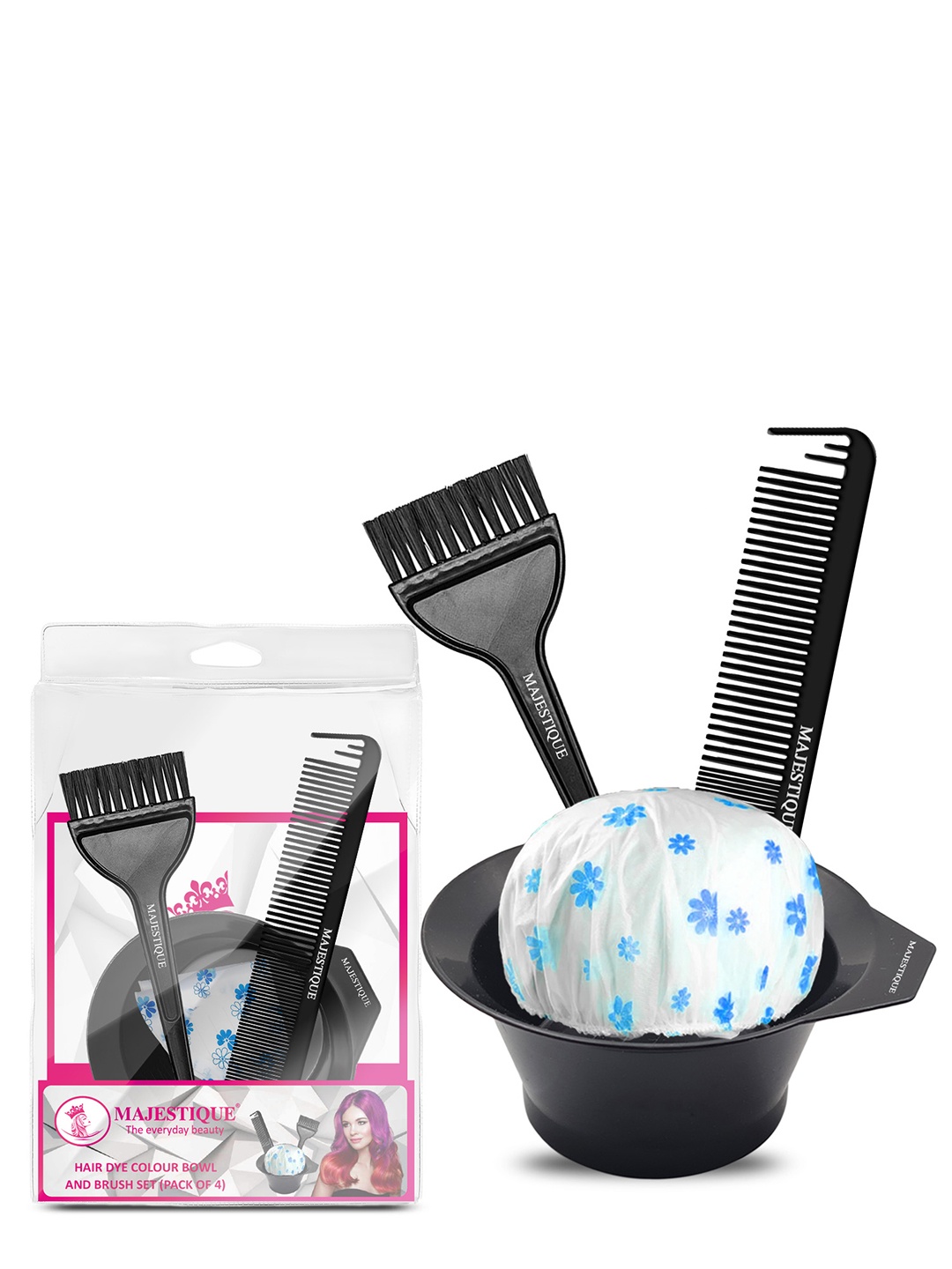 

MAJESTIQUE 4-Pcs Hair Dye Bowl Brush Comb & Cap Colour Kit For Hairstyles, Black