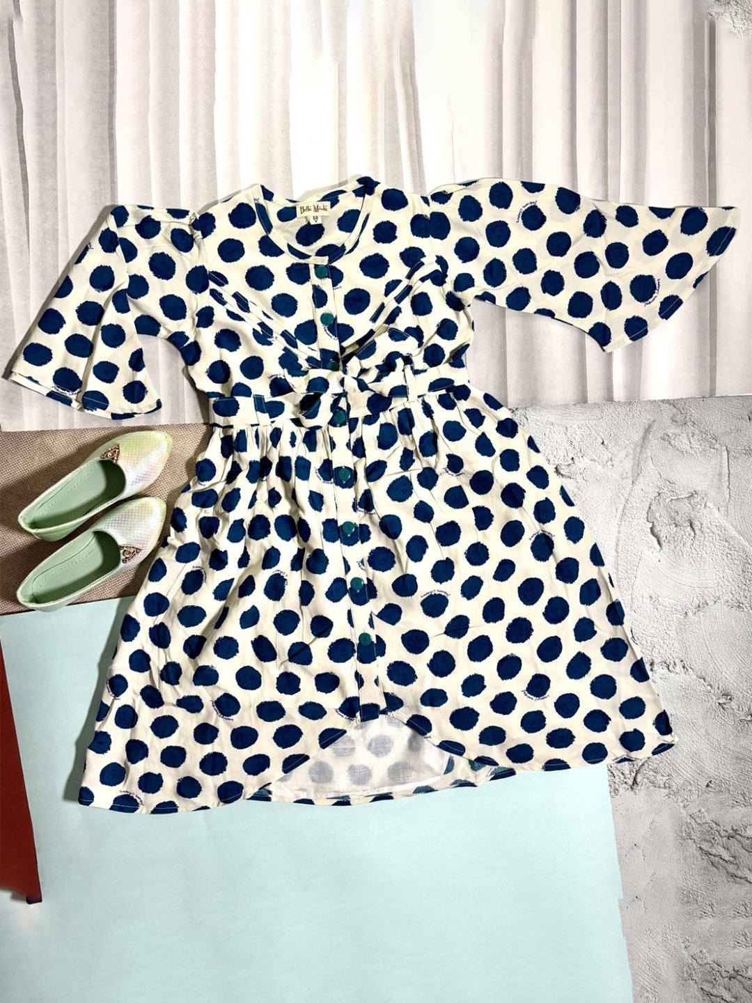 

Bella Moda Girls Polka Dot Print Bell Sleeve Pure Cotton Fit & Flare Dress, White