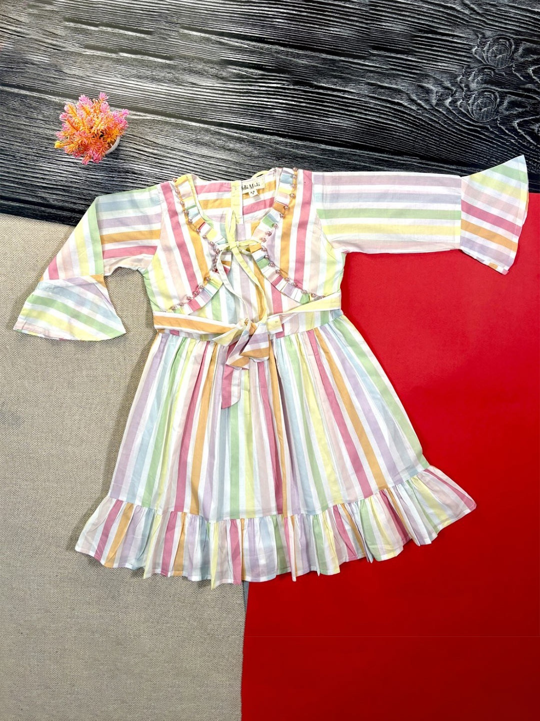 

Bella Moda Girls Striped Flared Sleeve Pure Cotton Fit & Flare Dress, White