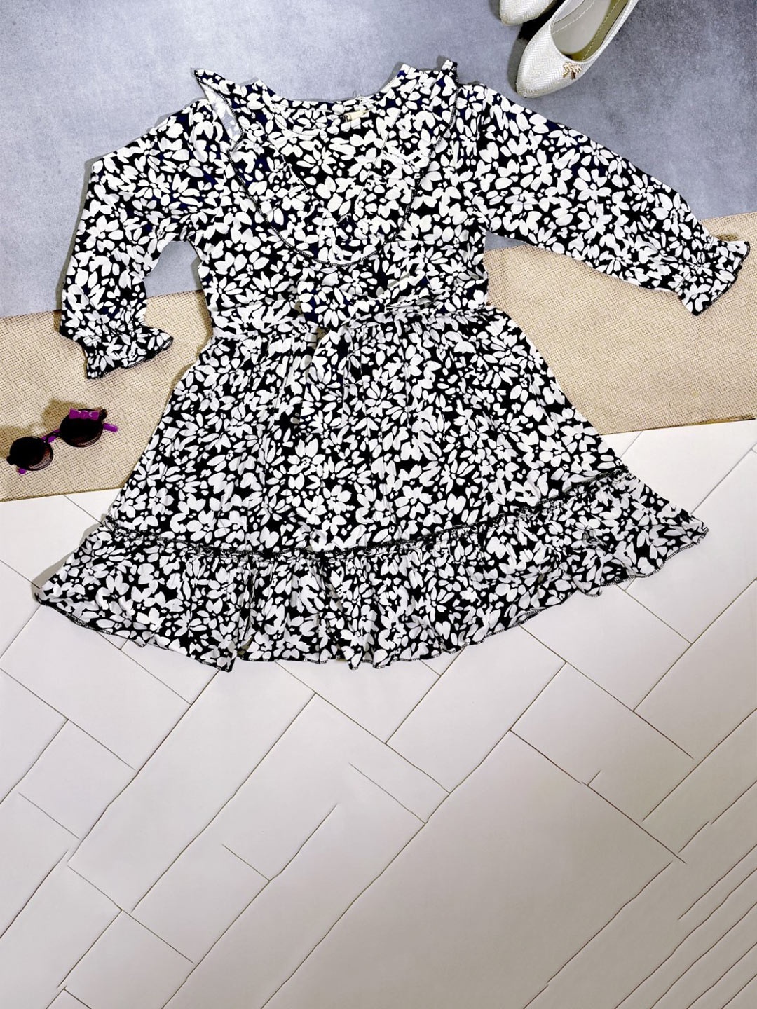 

Bella Moda Girls Floral Printed Bell Sleeve Pure Cotton Fit & Flare Dress, Black