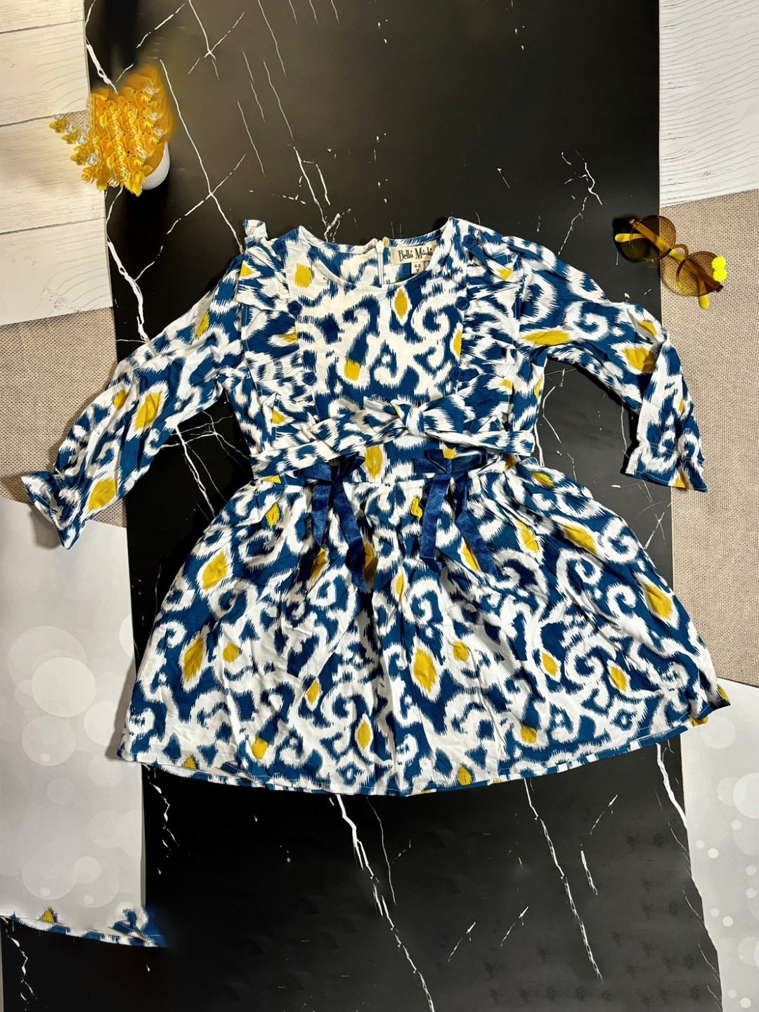 

Bella Moda Girls Ethnic Motifs Printed Fit & Flare Dress, Navy blue