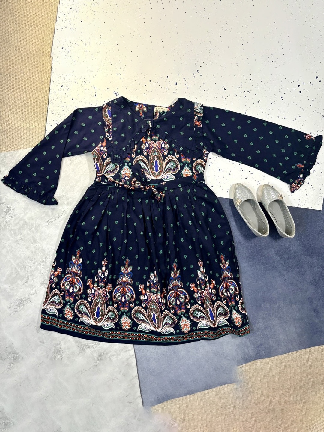 

Bella Moda Girls Ethnic Motifs Printed Bell Sleeves Pure Cotton Fit & Flare Dress, Navy blue