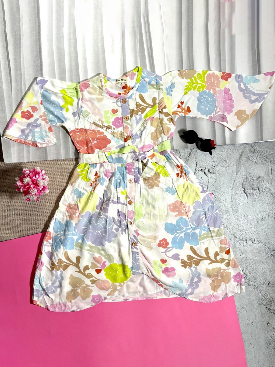 

Bella Moda Girls Floral Printed Flared Sleeves Gathered Pure Cotton Fit & Flare Dress, White