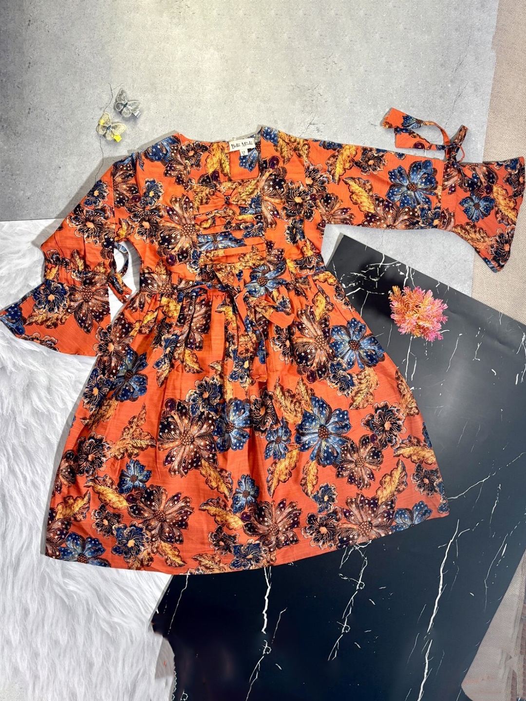 

Bella Moda Girls Floral Printed Bell Sleeves Gathered Detail Pure Cotton Fit & Flare Dress, Rust