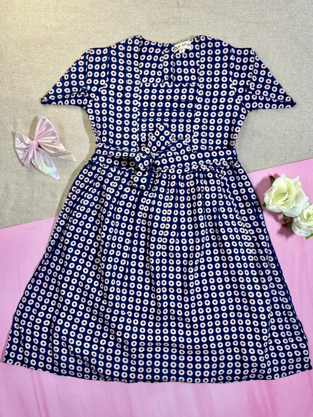 

Bella Moda Girls Geometric Printed Pure Cotton Fit & Flare Dress, Navy blue