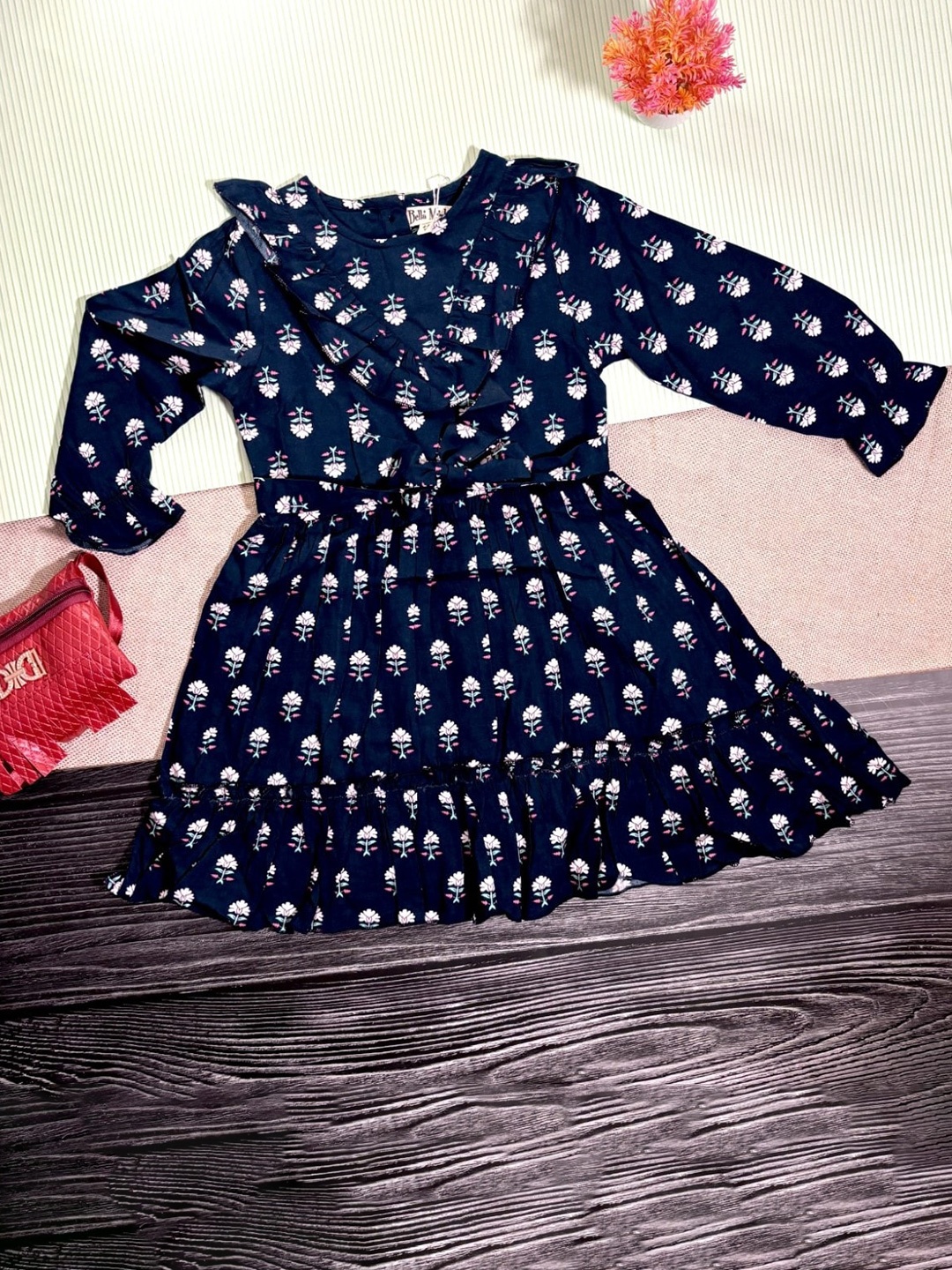 

Bella Moda Girls Floral Printed V-Neck Pure Cotton Fit & Flare Dress, Navy blue