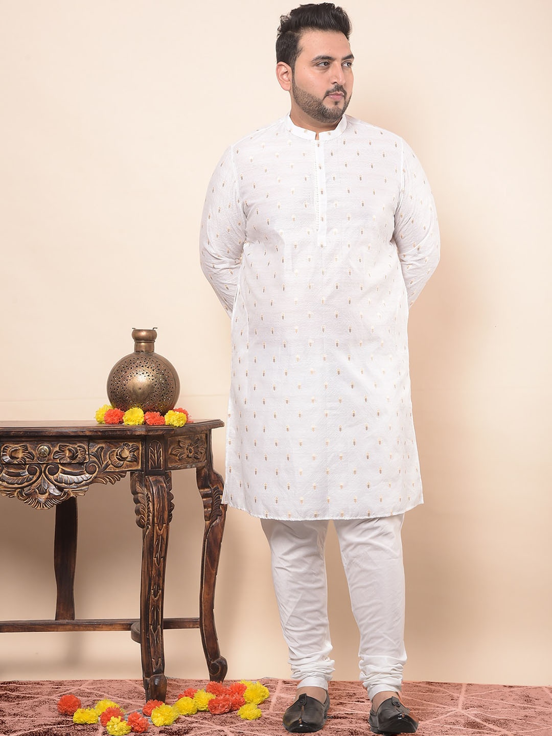 

Sztori Plus Size Ethnic Embroidered Straight Regular Kurta with Churidar, White