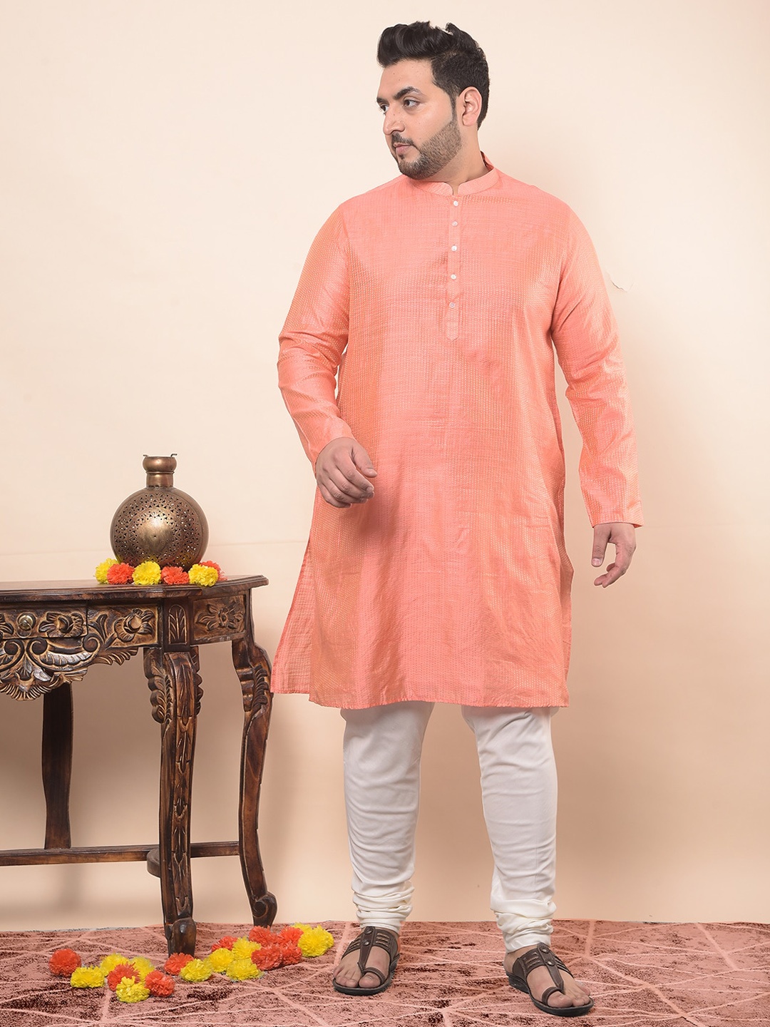 

Sztori Plus Size Woven Design Mandarin Collar Kurta with Churidar, Peach