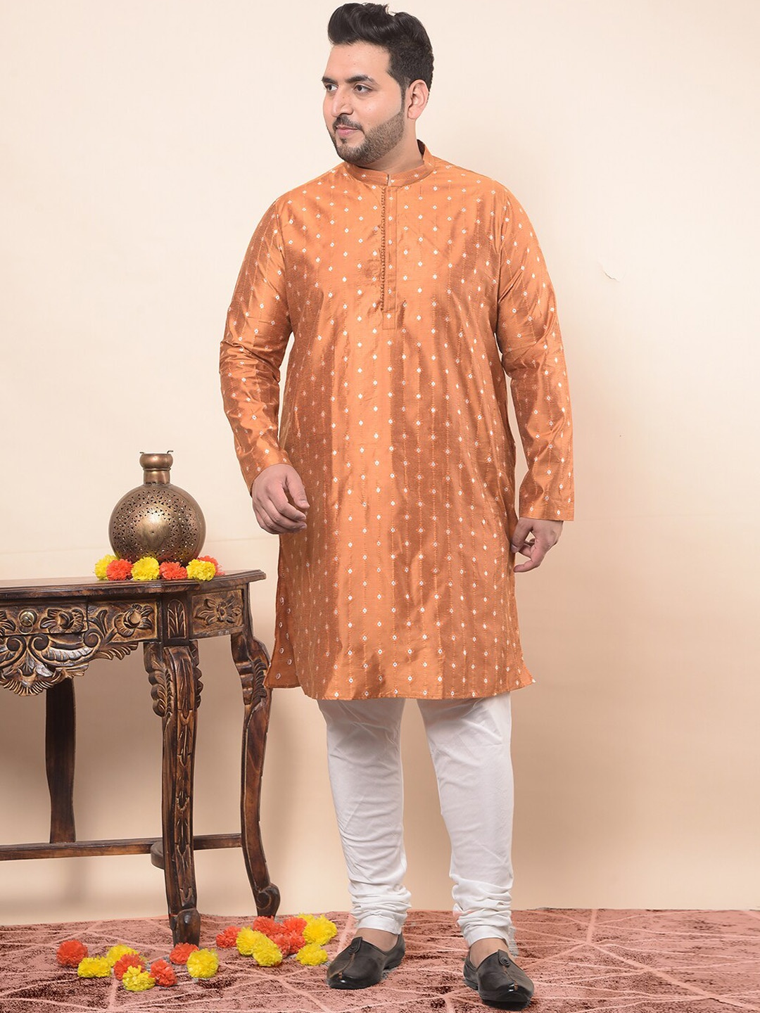 

Sztori Plus Size Ethnic Woven Design Straight Regular Kurta with Churidar, Orange