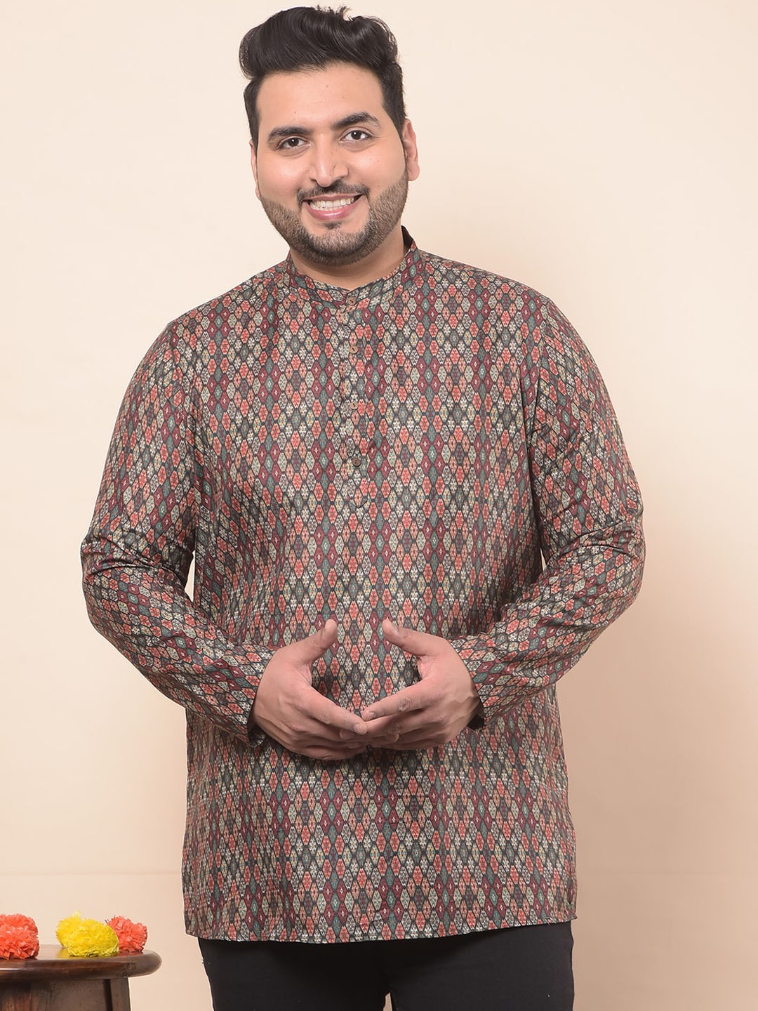 

Sztori Plus Size Mandarin Collar Geometric Pure Cotton Thread Work Kurta, Green