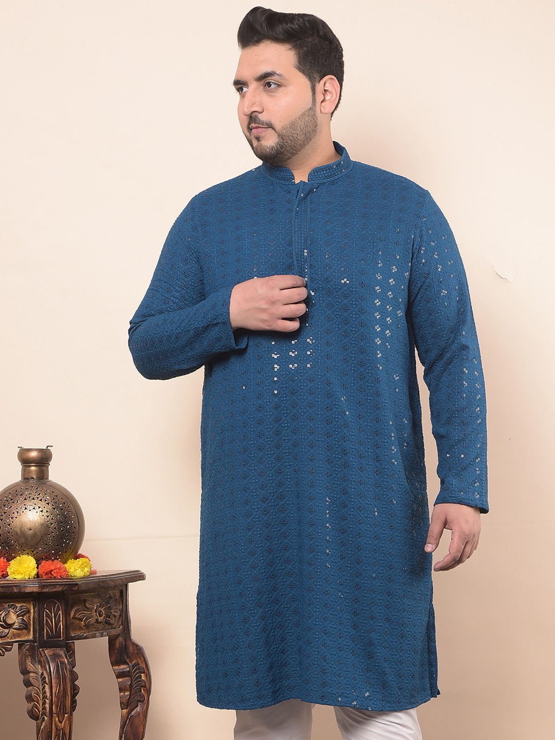 

Sztori Plus Size Geometric Embroidered Sequins Straight Kurta, Blue