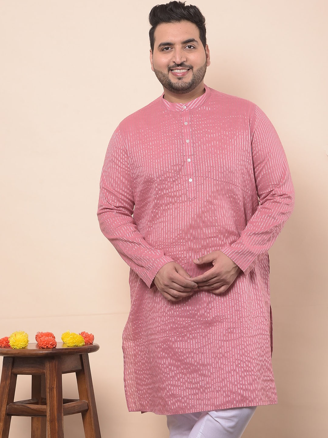 

Sztori Plus Size Striped Mandarin Collar Jacquard Straight Kurta, Pink
