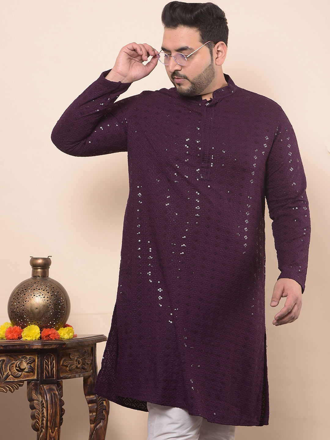 

Sztori Geometric Sequinned Embroidered Plus Size Kurta, Purple