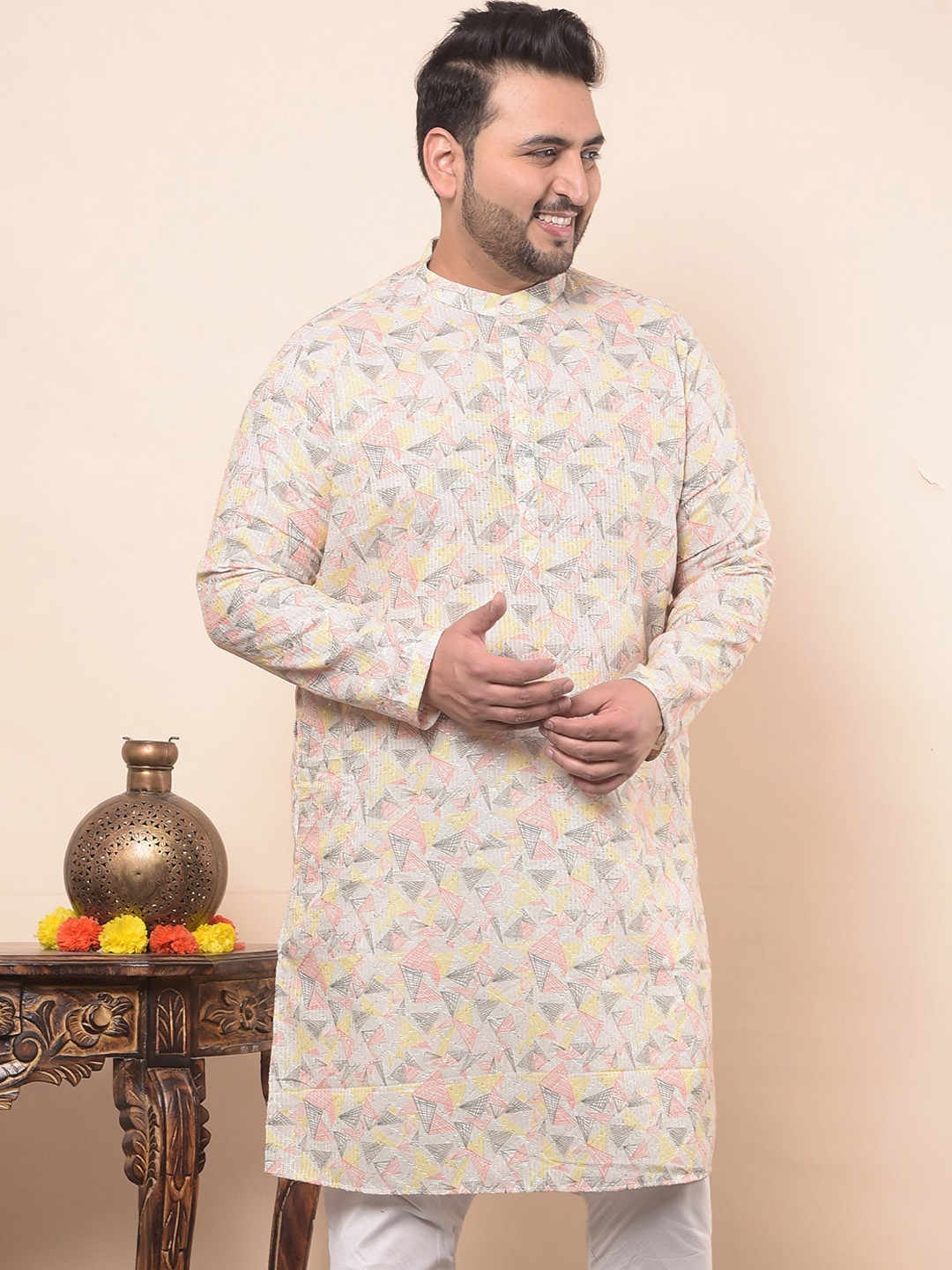 

Sztori Geometric Printed Mandarin Collar Plus Size Kurta, Pink