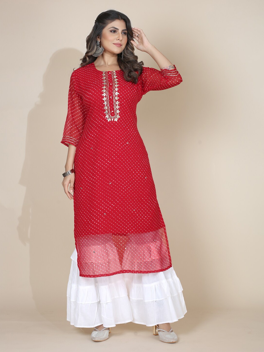 MINGORA Printed Straight Kurta, Maroon