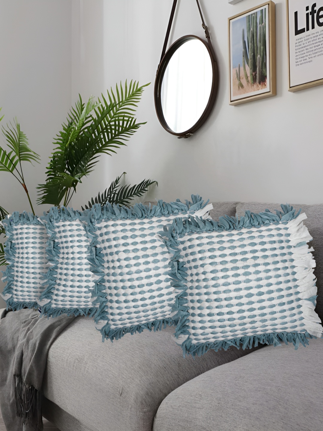 

ZESTURE White & Blue 4 Pieces Abstract Square Cushion Covers