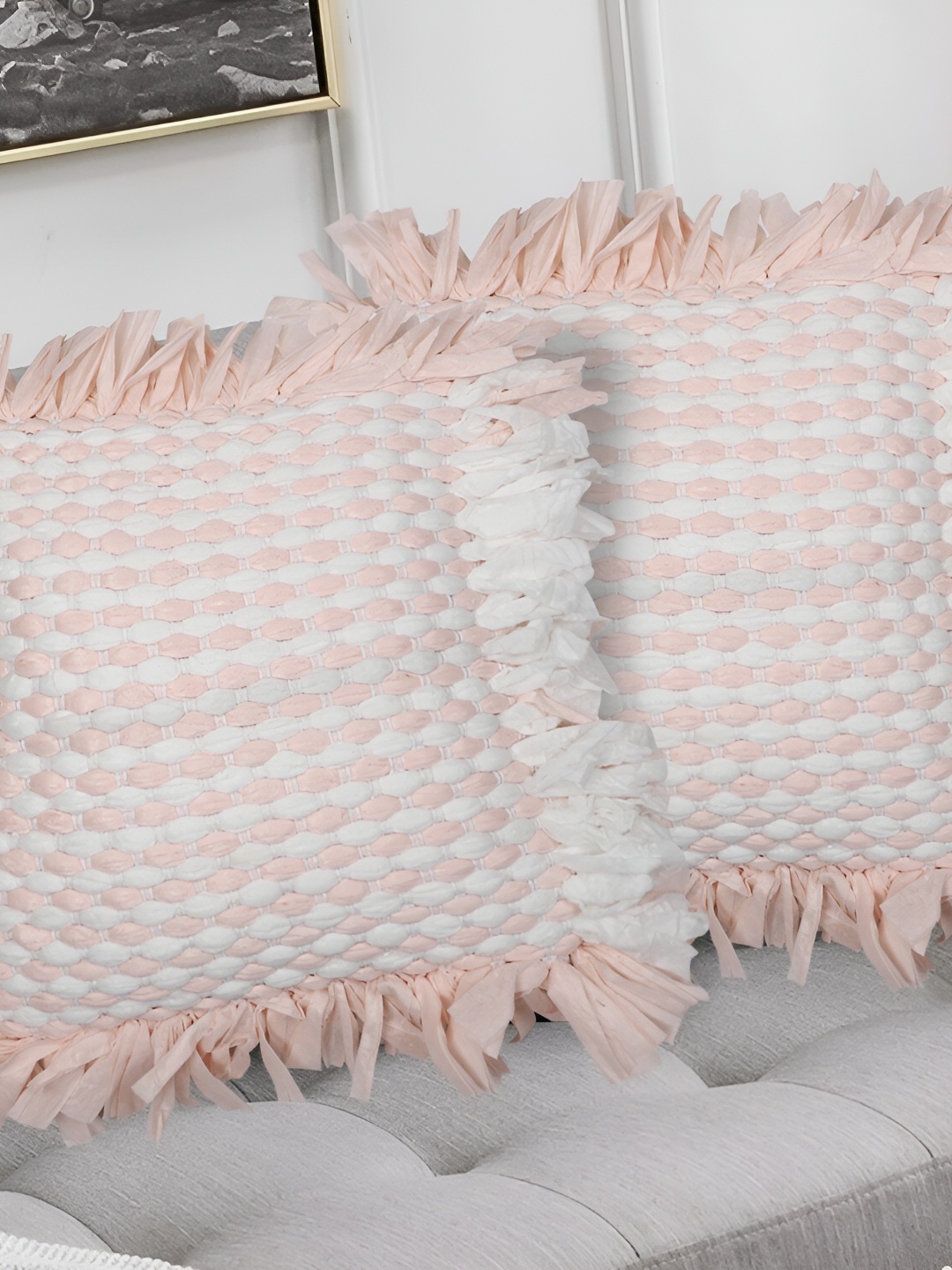 

ZESTURE White & Pink 2 Pieces Abstract Square Cushion Covers