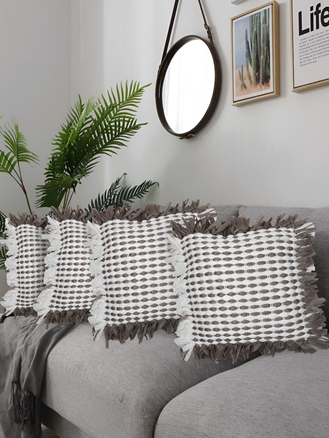 

ZESTURE Grey & White 4 Pieces Abstract Textured Cotton Square Cushion Covers