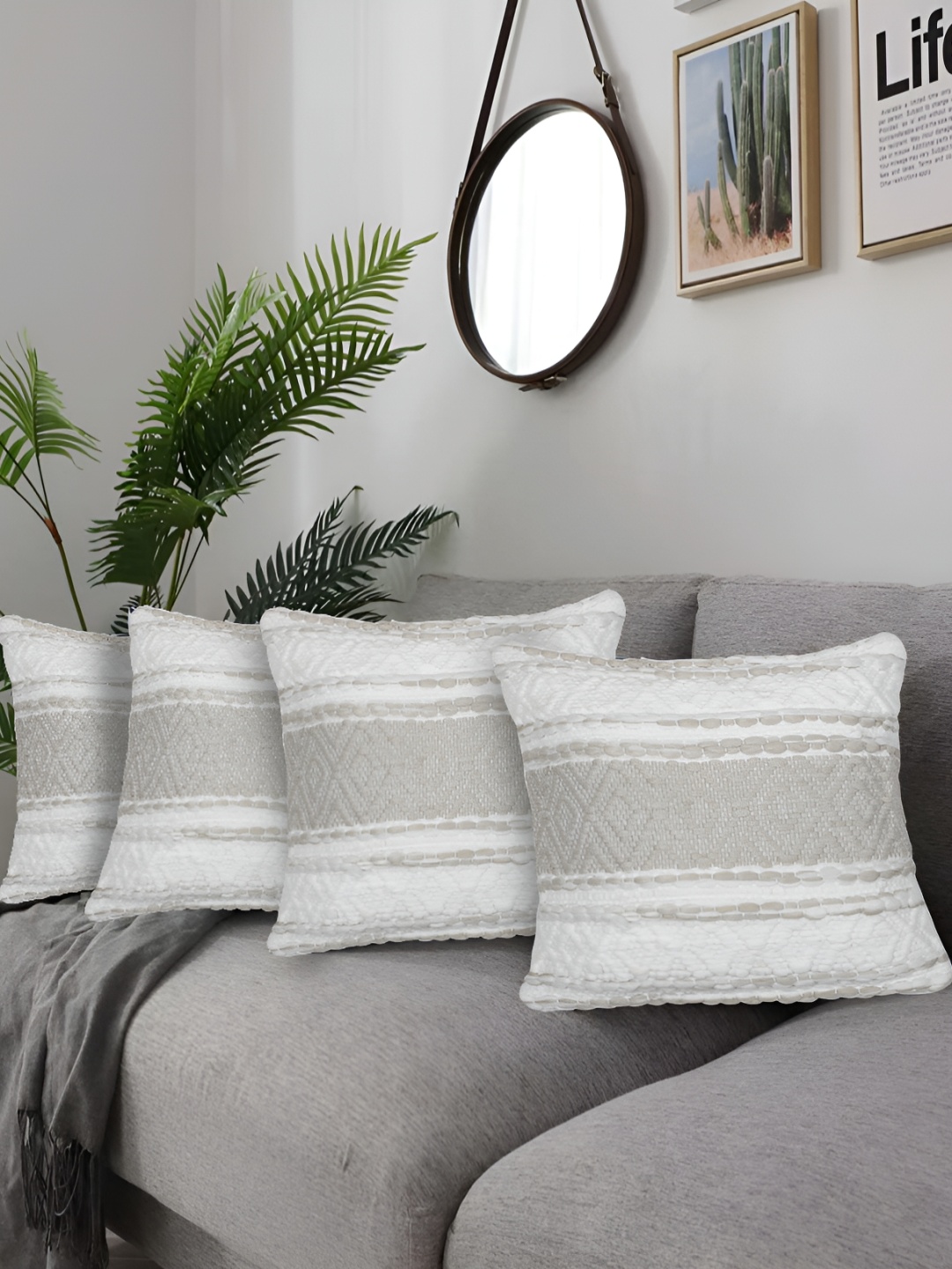 

ZESTURE Grey & White 4 Pieces Abstract Textured Cotton Square Cushion Covers