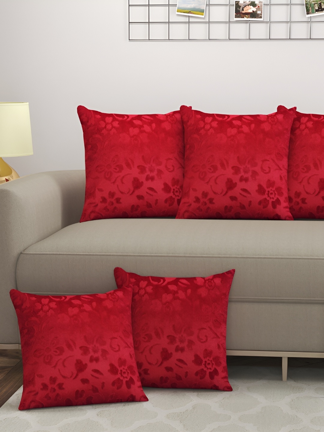 

ZESTURE Maroon 5 Pieces Self Design Velvet Square Cushion Covers