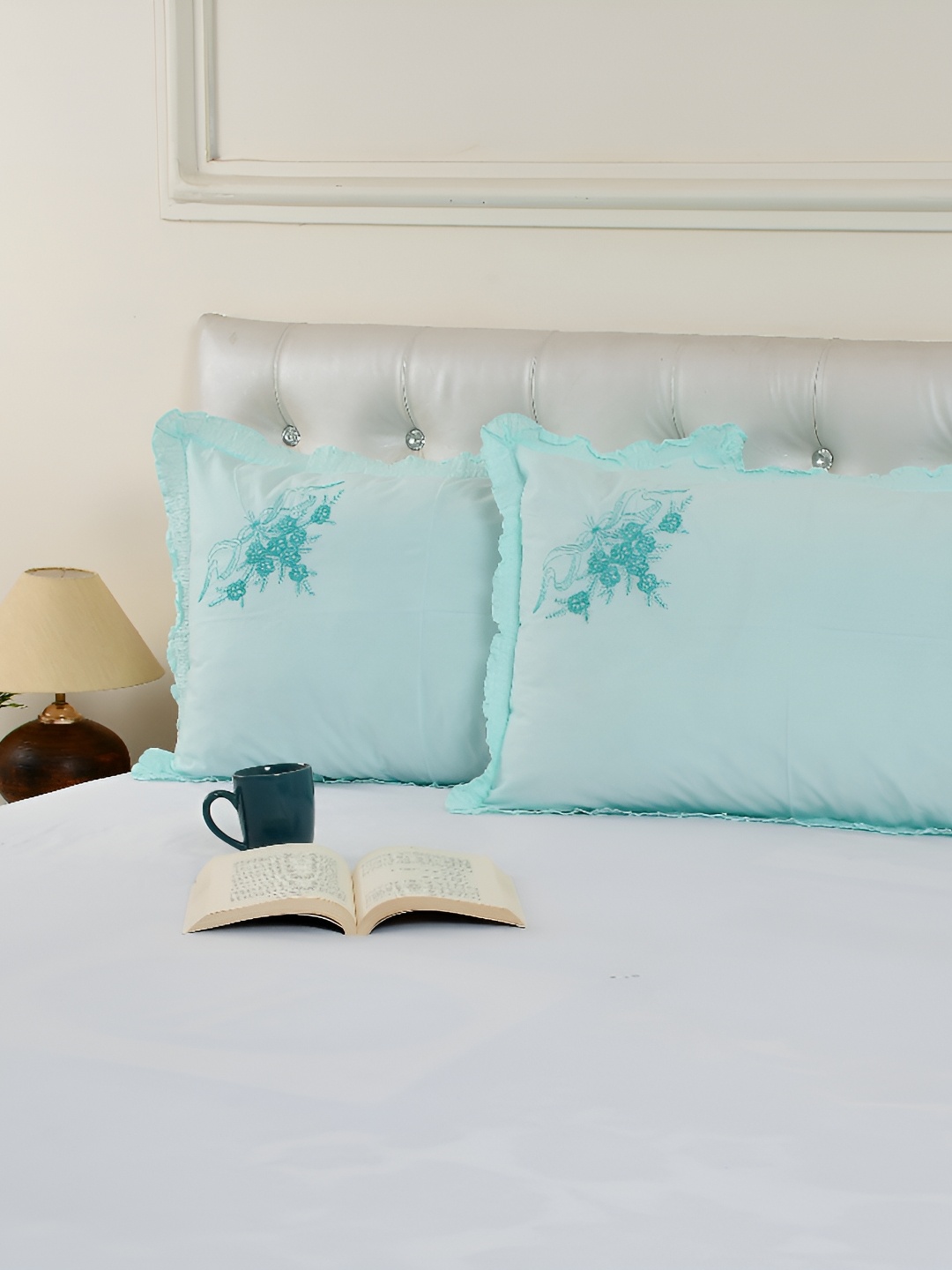 

ZESTURE Blue 2 Pieces Embroidered Cotton Rectangle Cushion Covers