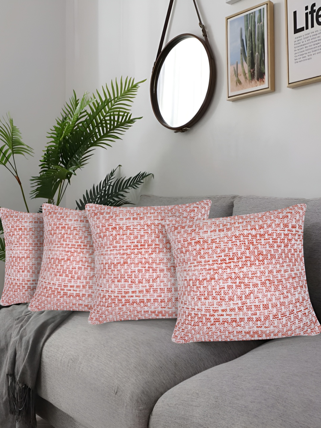 

ZESTURE Red & White 4 Pieces Abstract Cotton Square Cushion Covers