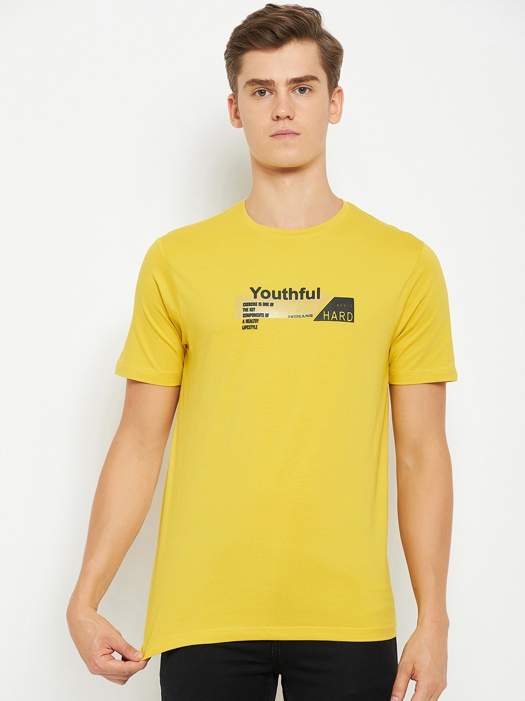 

Okane Round Neck Short Sleeves Typography Printed Regular Fit Cotton T-shirt, Yellow
