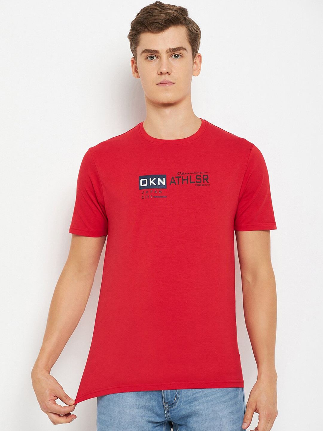 

Okane Round Neck Short Sleeves Typography Printed Regular Fit Cotton T-shirt, Red