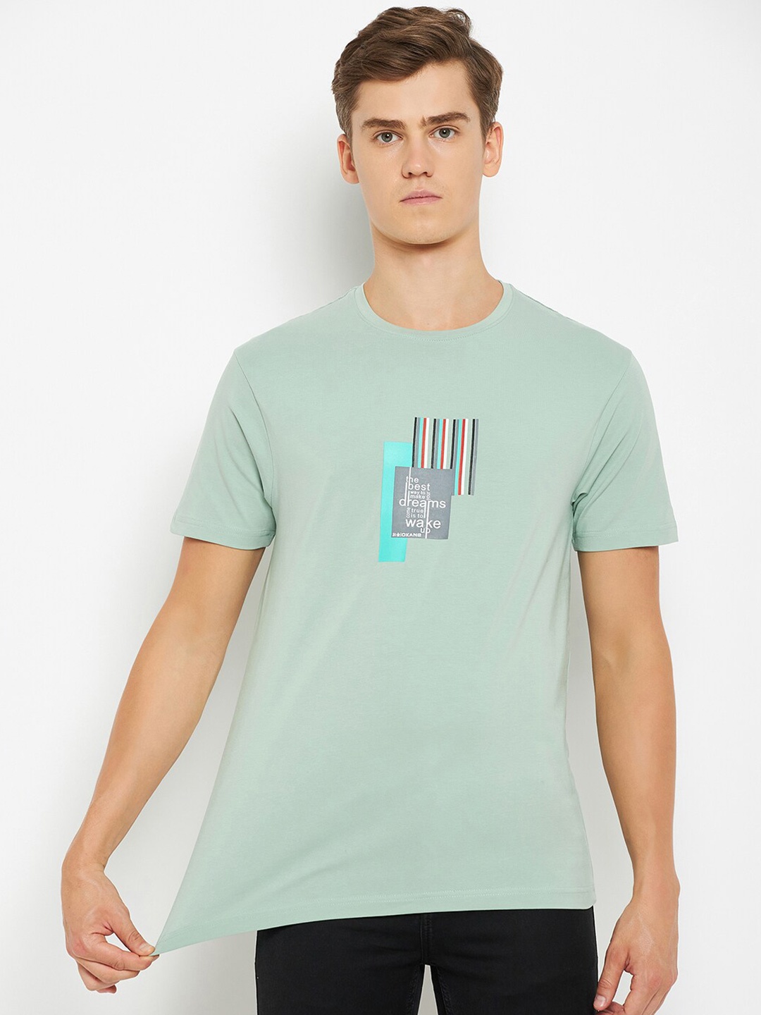

Okane Round Neck Short Sleeves Typography Printed Regular Fit Cotton T-shirt, Green