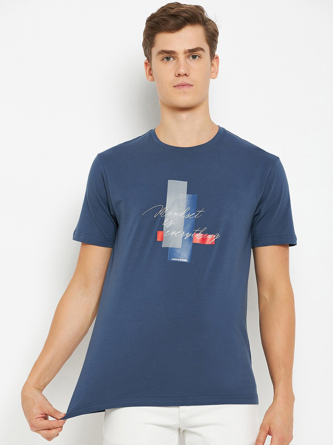 

Okane Round Neck Short Sleeves Typography Printed Regular Fit Cotton T-shirt, Blue