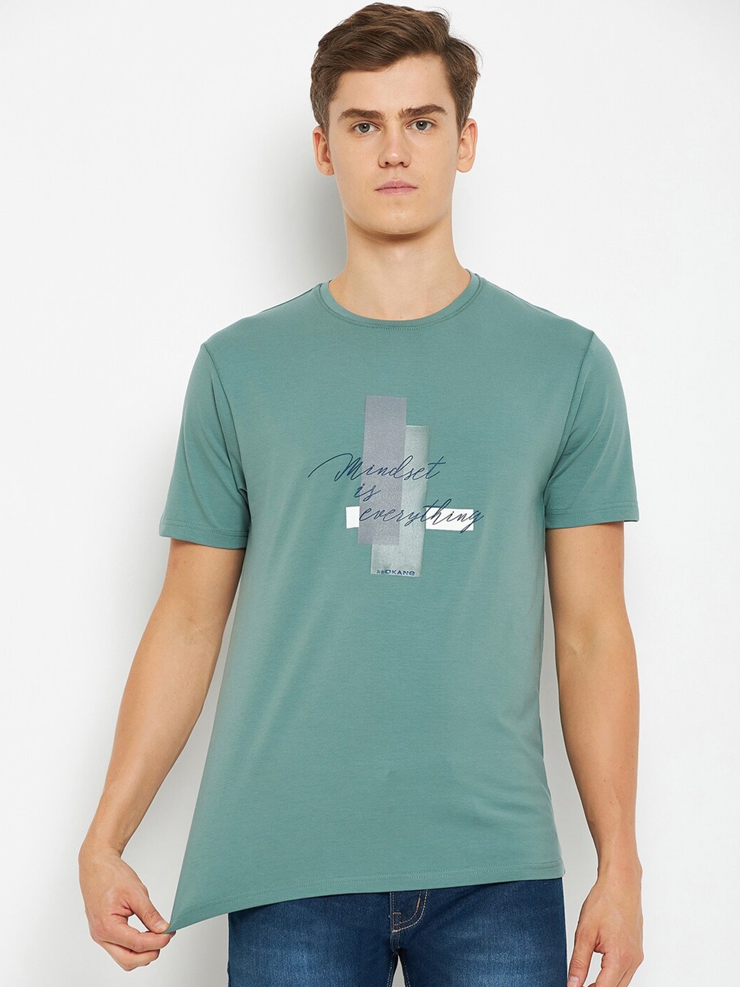 

Okane Round Neck Short Sleeves Typography Printed Regular Fit Cotton T-shirt, Green