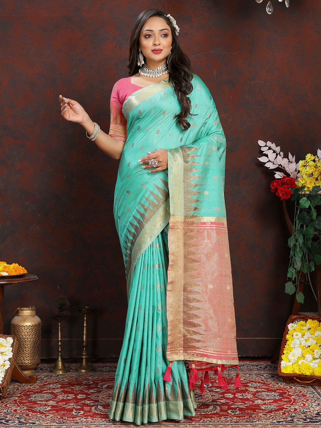 

PHEASANT Ethnic Motifs Zari Banarasi Saree, Turquoise blue