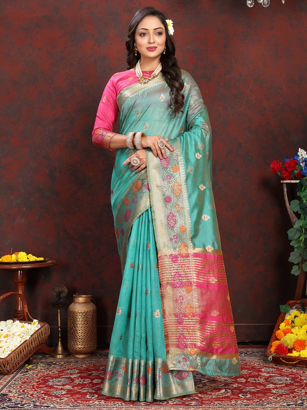 

PHEASANT Ethnic Motifs Zari Organza Banarasi Saree, Turquoise blue