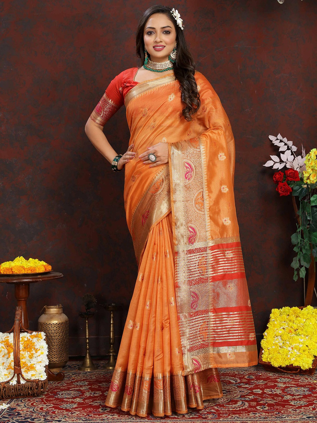 

PHEASANT Ethnic Motifs Zari Organza Banarasi Saree, Orange