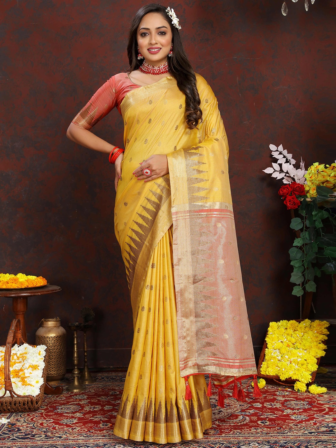 

PHEASANT Ethnic Motifs Woven Design Zari Banarasi Saree, Yellow