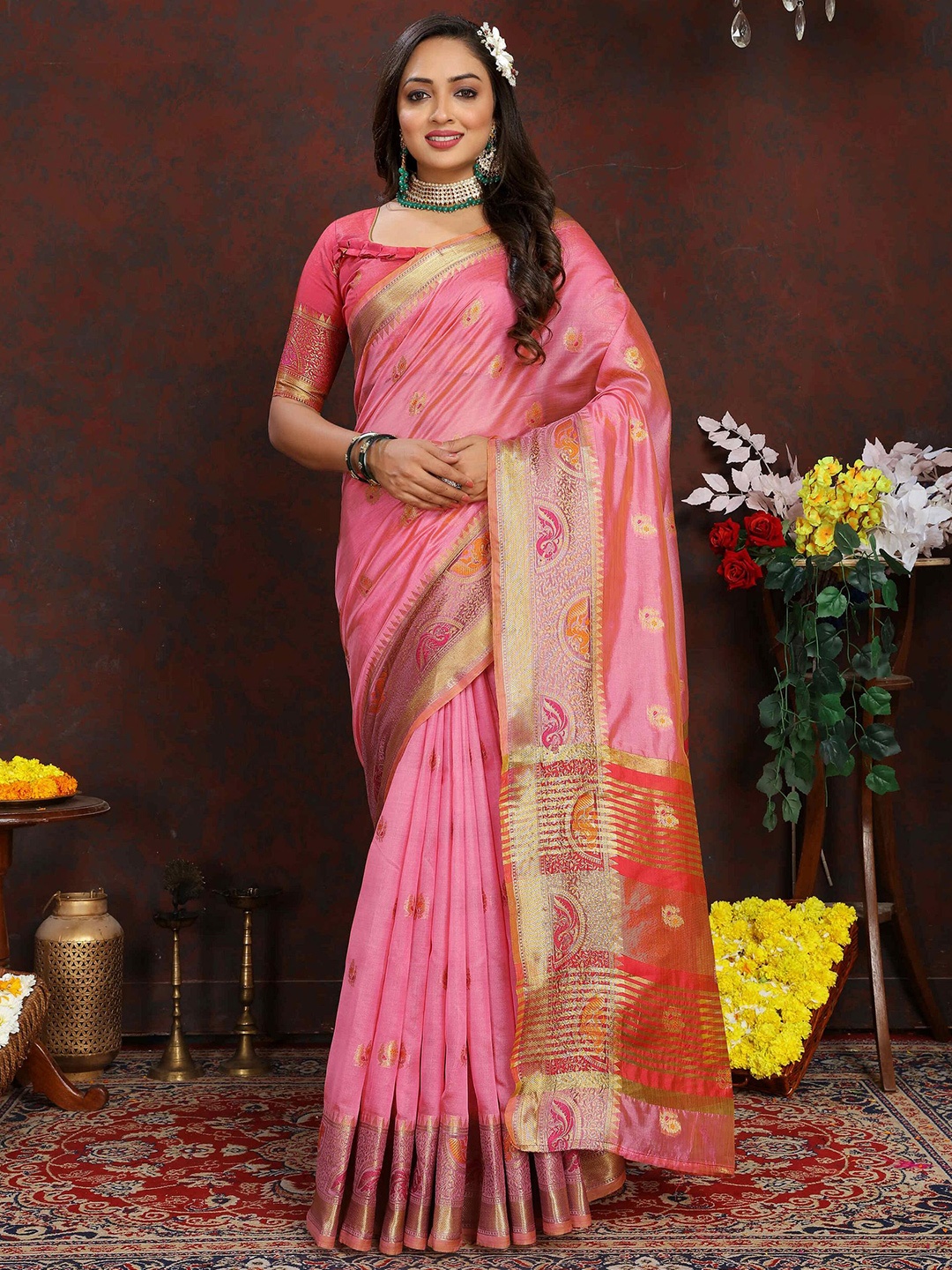 

PHEASANT Ethnic Motifs Woven Design Zari Organza Banarasi Saree, Pink