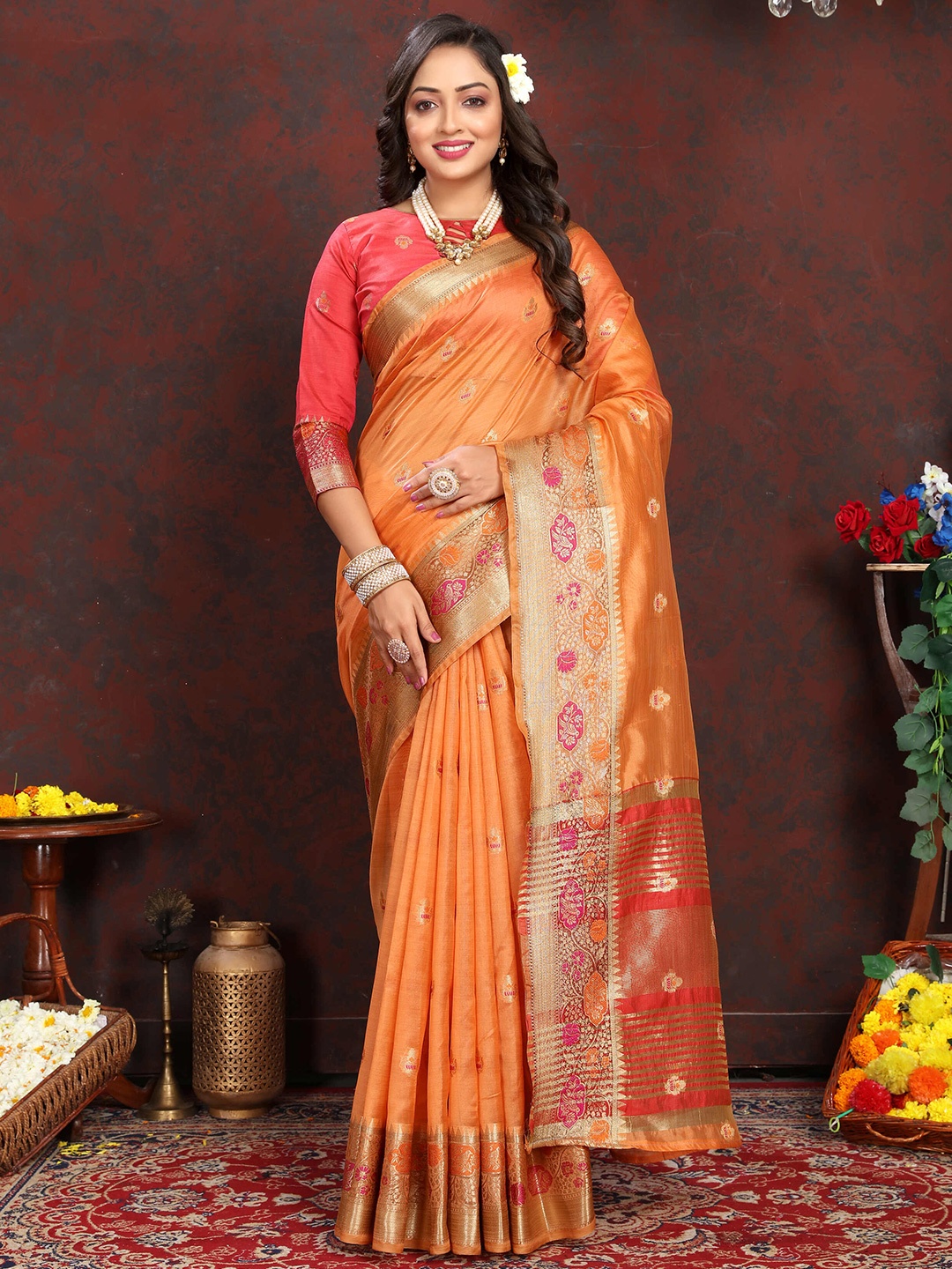 

PHEASANT Ethnic Motifs Woven Design Zari Organza Banarasi Saree, Orange