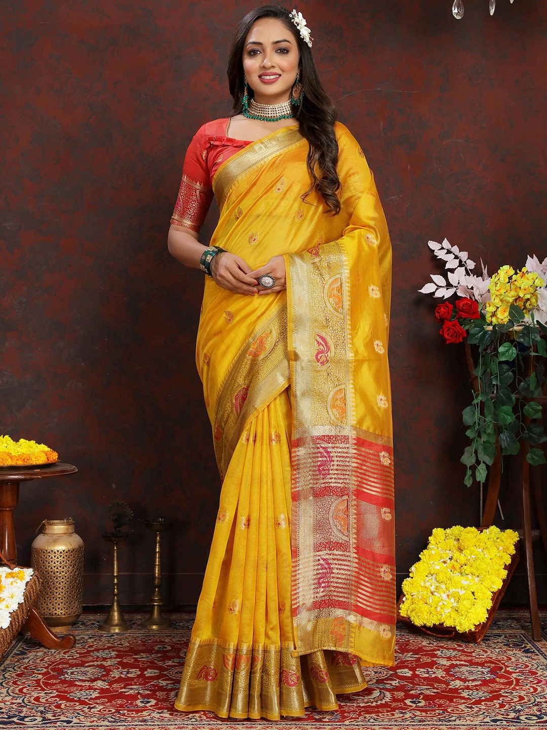 

PHEASANT Ethnic Motifs Zari Organza Banarasi Saree, Yellow