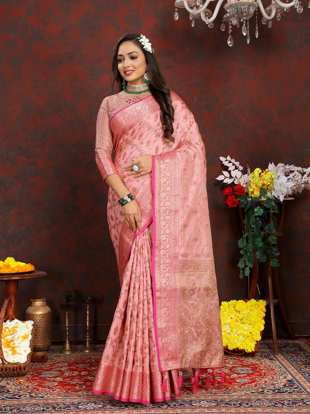 

PHEASANT Ethnic Motifs Zari Banarasi Saree, Pink