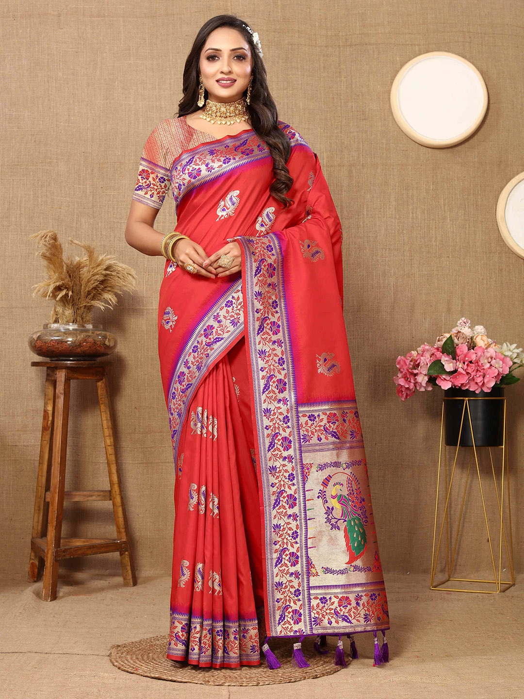 

PHEASANT Woven Design Zari Pure Silk Saree, Red