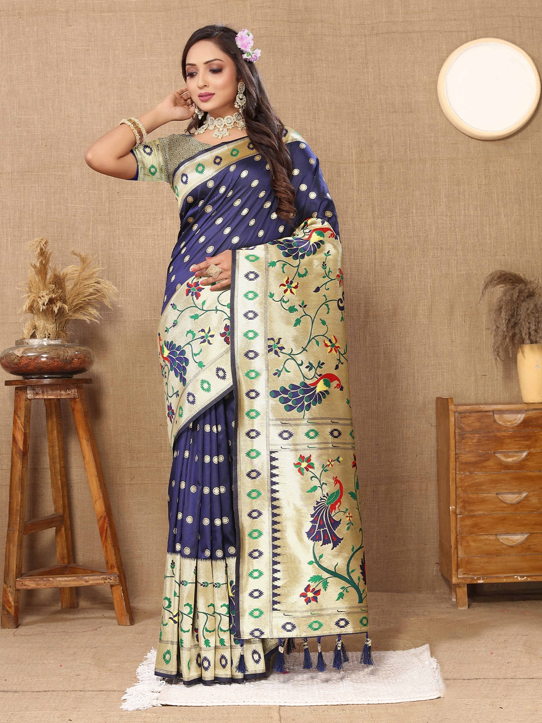 

PHEASANT Ethnic Motifs Zari Pure Silk Paithani Saree, Navy blue