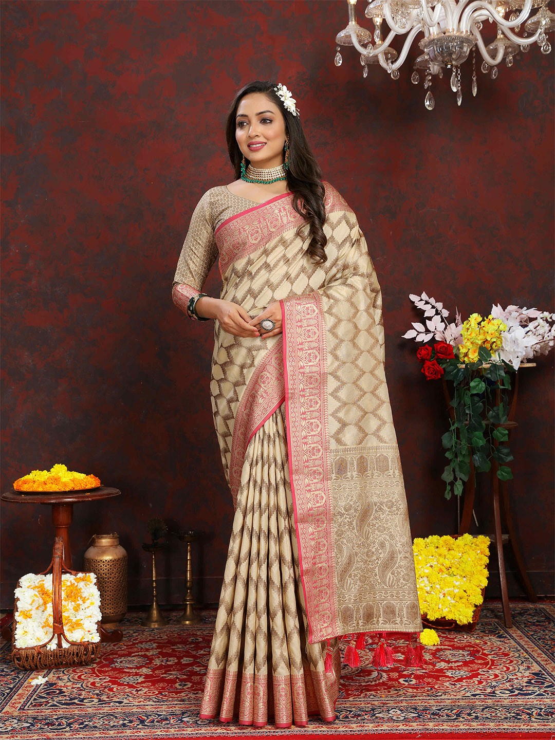 

PHEASANT Ethnic Motifs Zari Woven Design Saree with Tassels, Cream