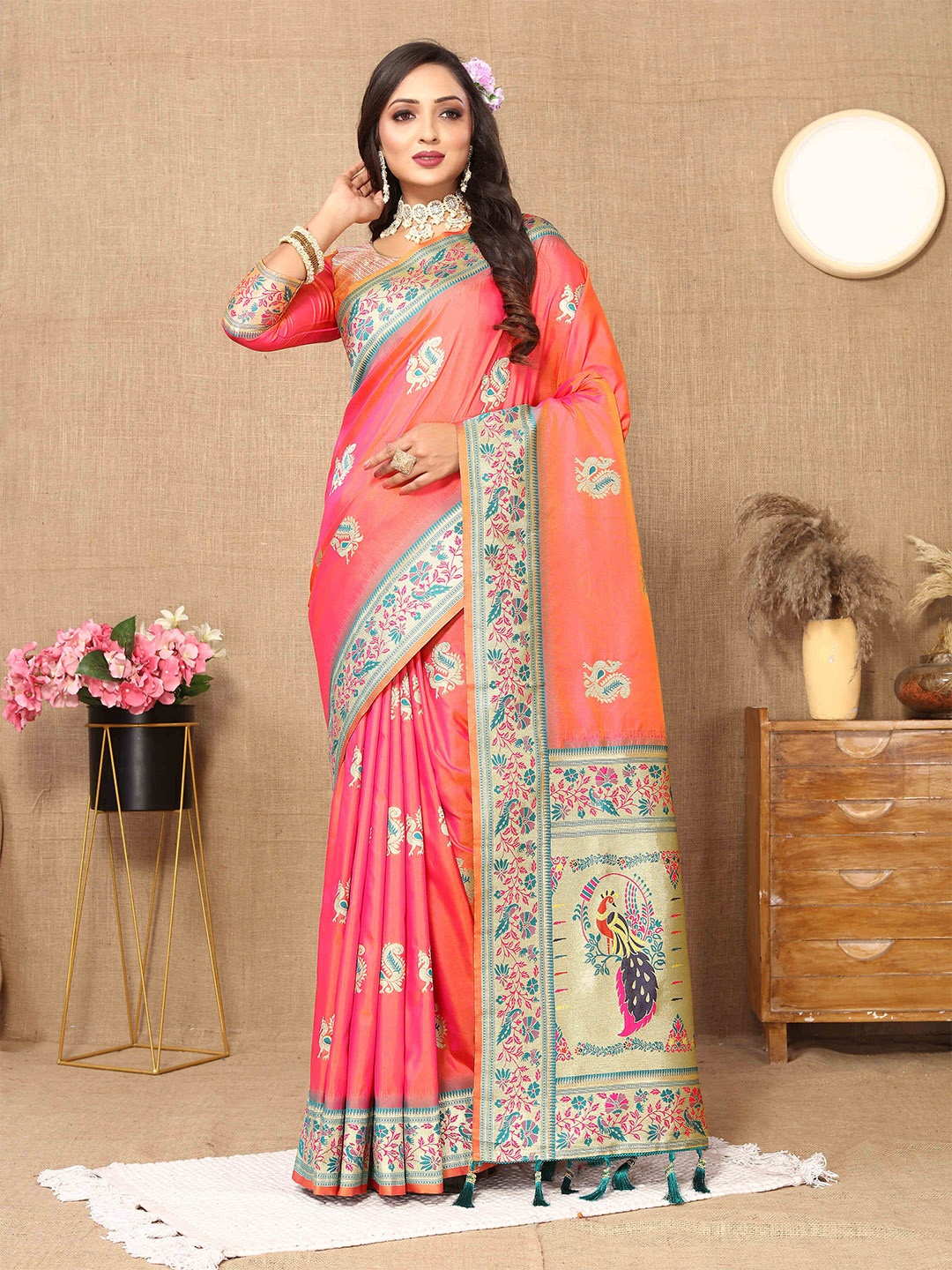 

PHEASANT Woven Design Zari Pure Silk Paithani Saree, Pink