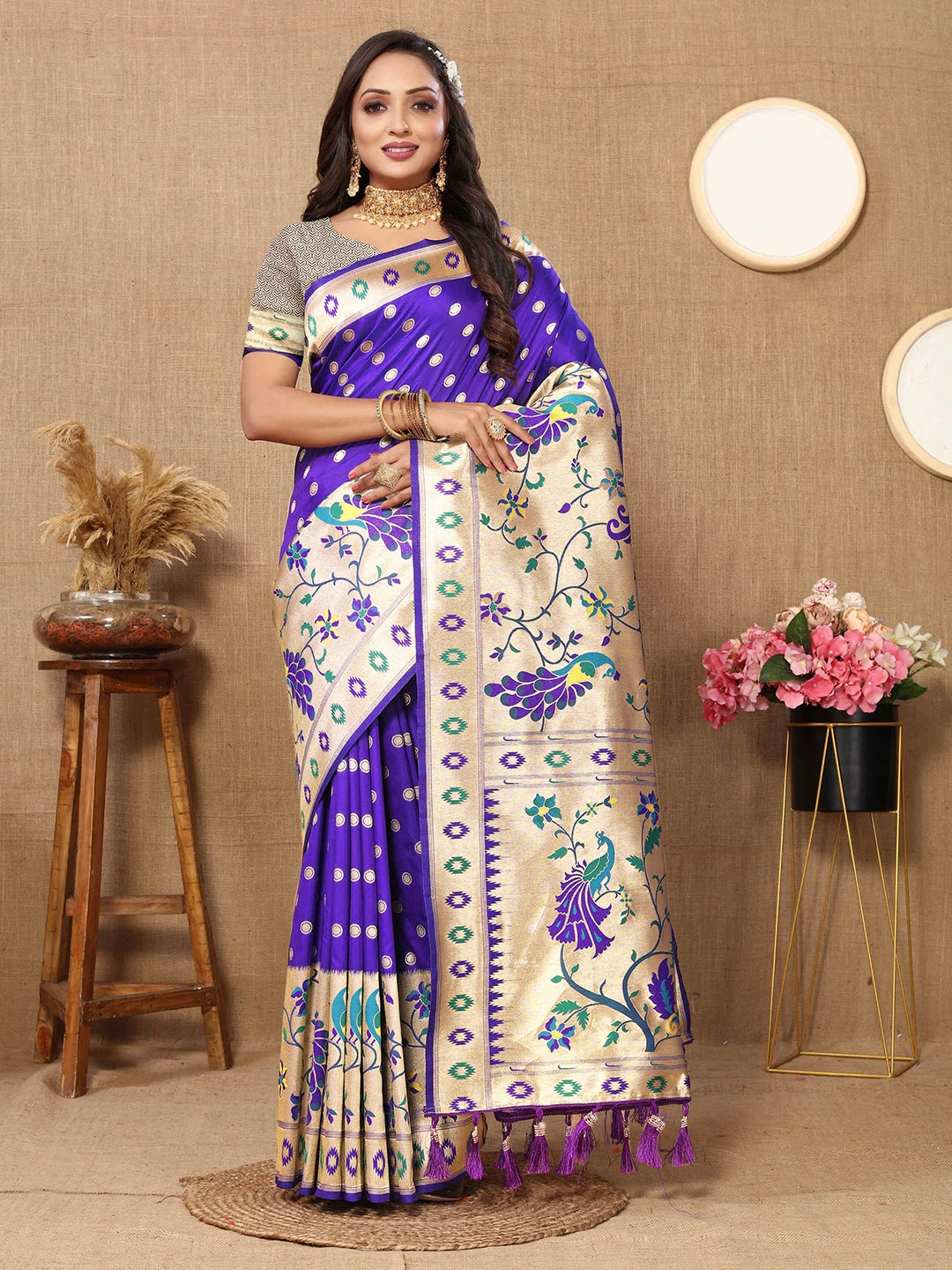 

PHEASANT Woven Design Zari Pure Silk Paithani Saree with Tassels, Blue