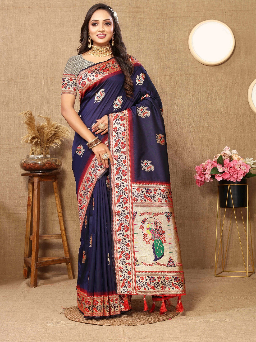 

PHEASANT Ethnic Motifs Pure Silk Paithani Saree, Navy blue