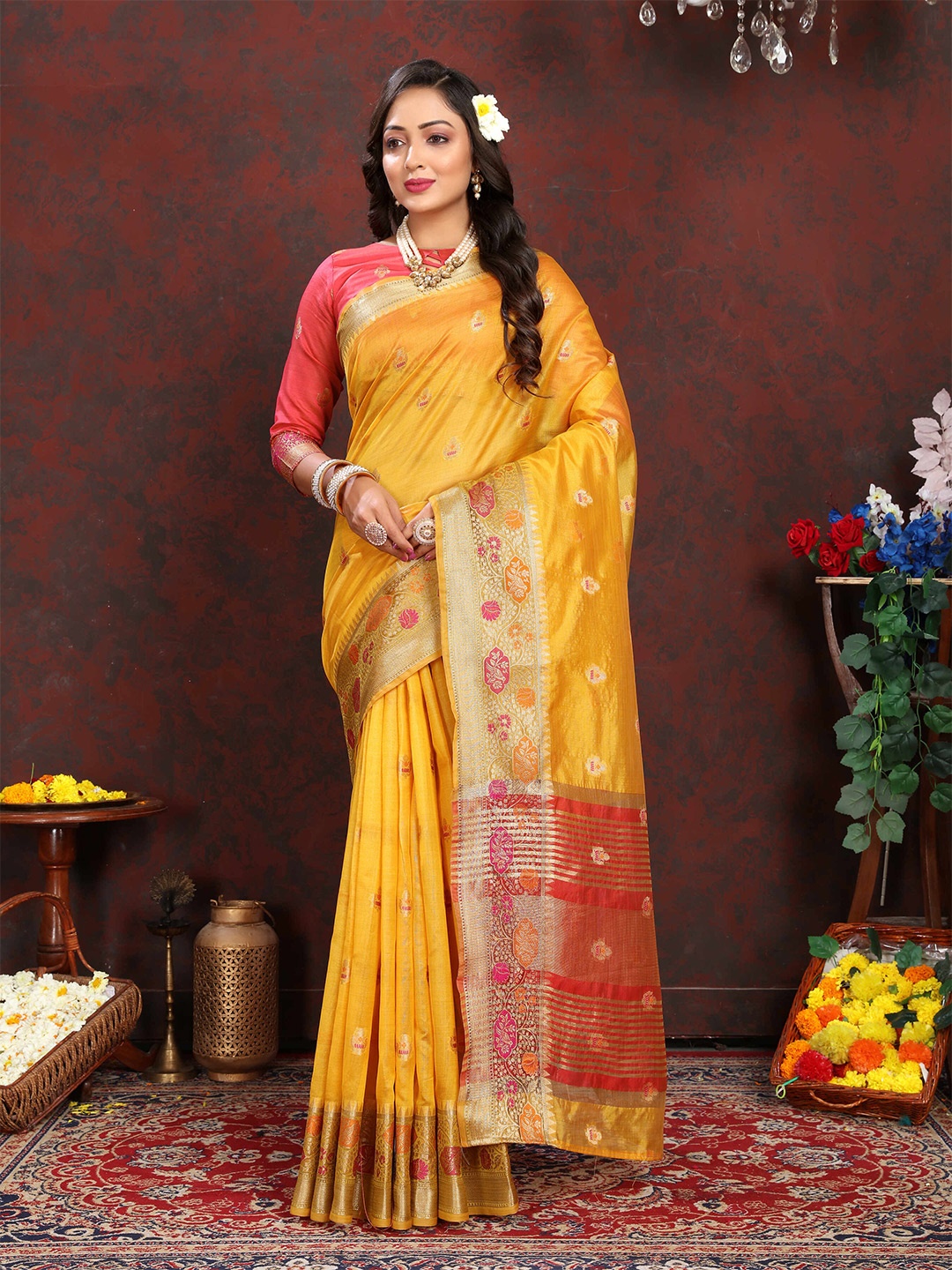 

PHEASANT Woven Design Zari Organza Banarasi Saree, Yellow