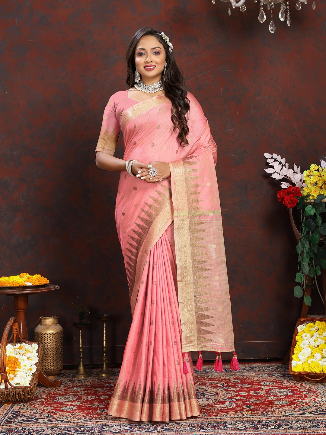 

PHEASANT Ethnic Motifs Zari Banarasi Saree, Peach