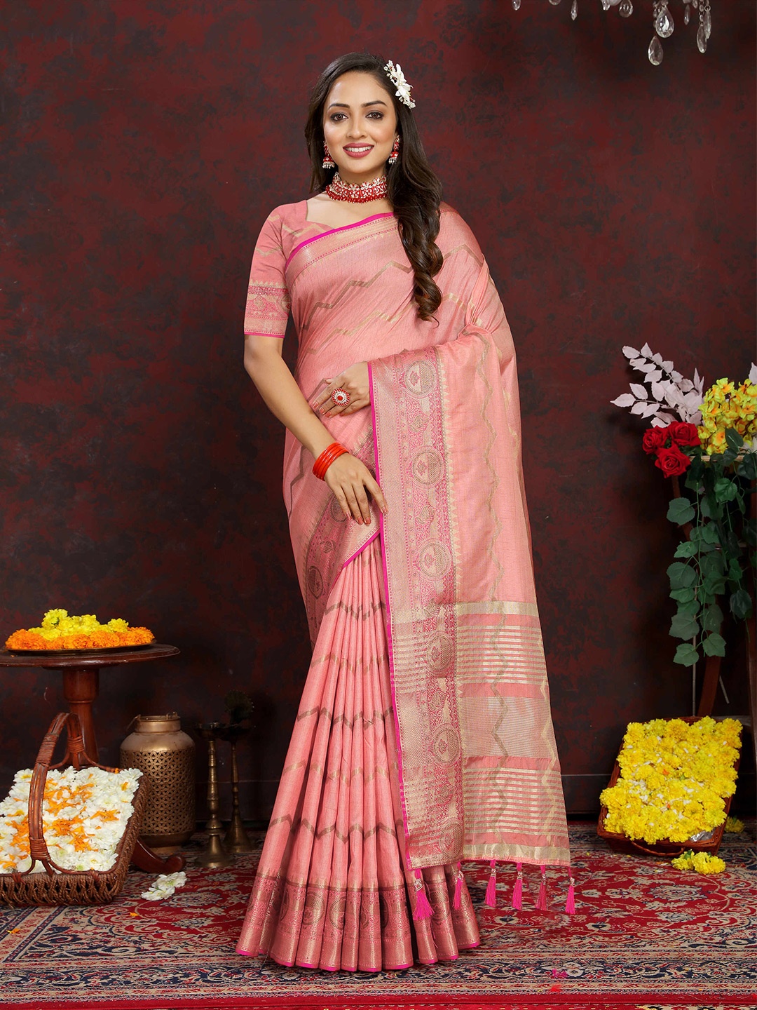 

PHEASANT Woven Design Leheriya Saree, Peach