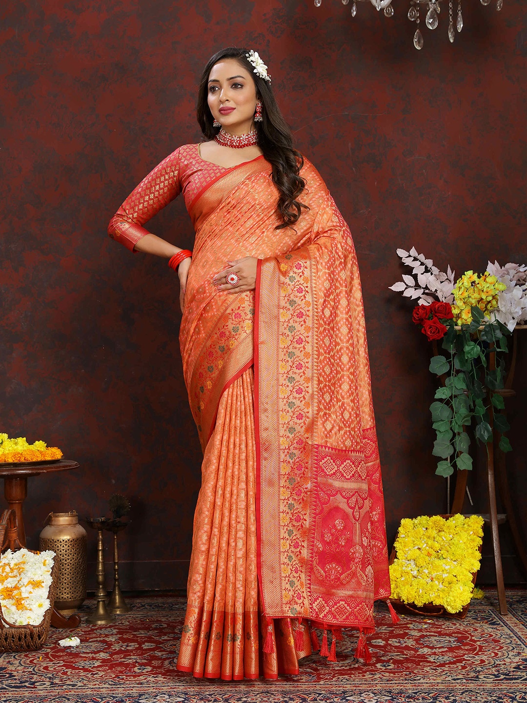 

PHEASANT Woven Design Zari Organza Patola Saree, Orange